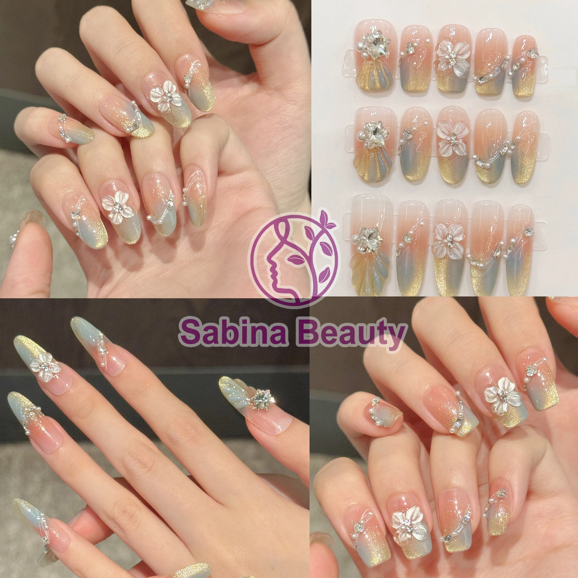 

YH001-21 Handmade Press on Nail 10pcs Two-tone Cat's Eye Gradient 3D Molded Design Fake nail patch