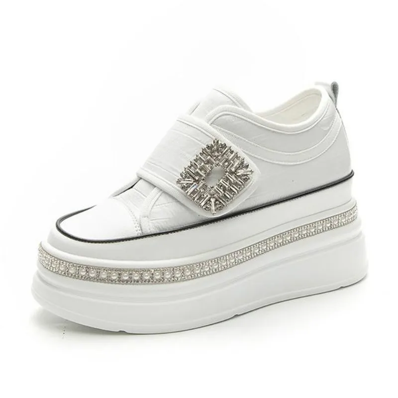 

Женские кроссовки из натуральной кожи 8 см, туфли-лодочки на платформе, белые, черные, на танкетке, на скрытом каблуке, весенне-осенняя блестящая обувь, зимние ботильоны