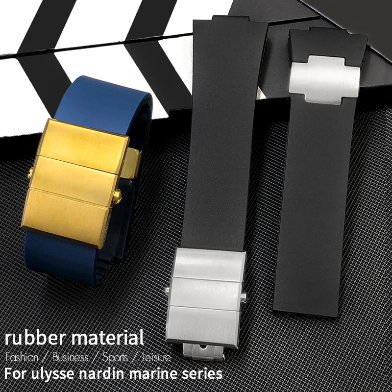 pulseira-de-borracha-de-silicone-de-25mm-12mm-para-ulysse-nardin-diver-263-fivela-dobravel-preto-azul-elevada-pulseira-de-relogio-a-prova-d'agua