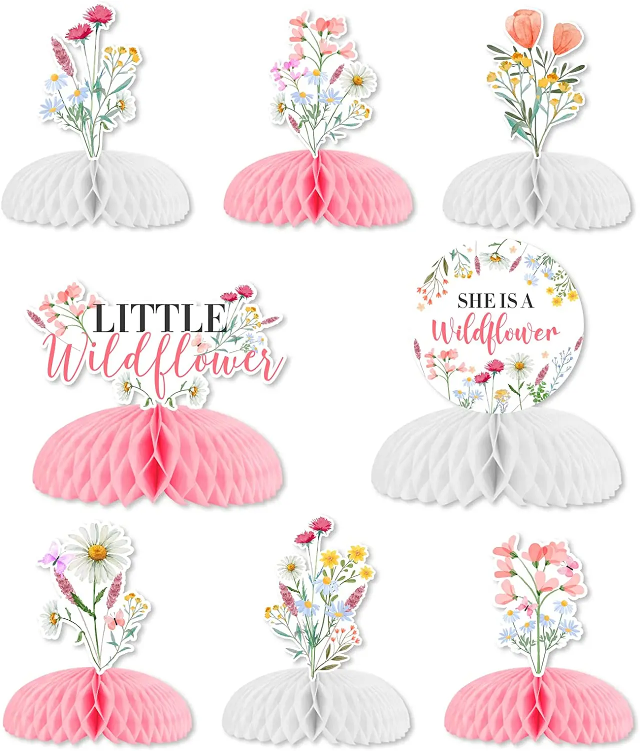 Fangleland 9 Pieces She Is A Wildflower Table Honeycomb Centerpieces Decorations for Girls Pink Wild Flower Theme 3D Table Decor