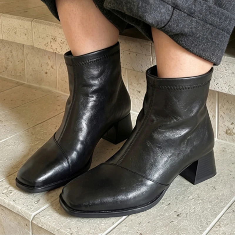 Women's Ankle Boots Casual Brown Black PU Leather Short Boot Comfortable Block Heels Footwear Party Shoes Female Large Size 48