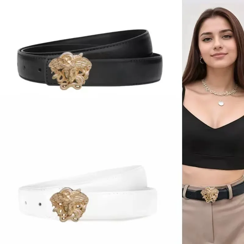 Vintage Gold Embossed Metal Buckle Thin Belt for Women - Elegant Slim Waist Strap in Classic Black/Pure White, Chic Dressy Acces