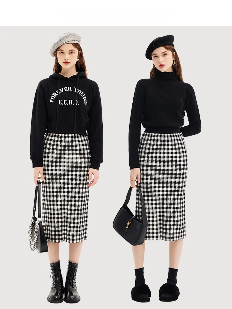 

SRK High Waist Knitted A-Line Skirt Women's Autumn Winter Elastic Plaid f-length Skirts Faion Commute Sle
