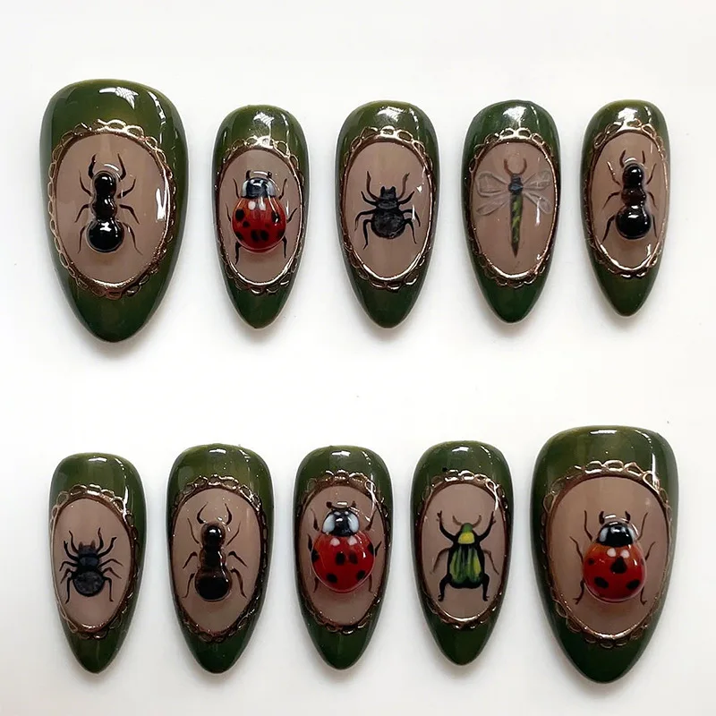Uñas postizas góticas con diseño de insectos, longitud media, almendradas, verde oliva, artísticas y reutilizables