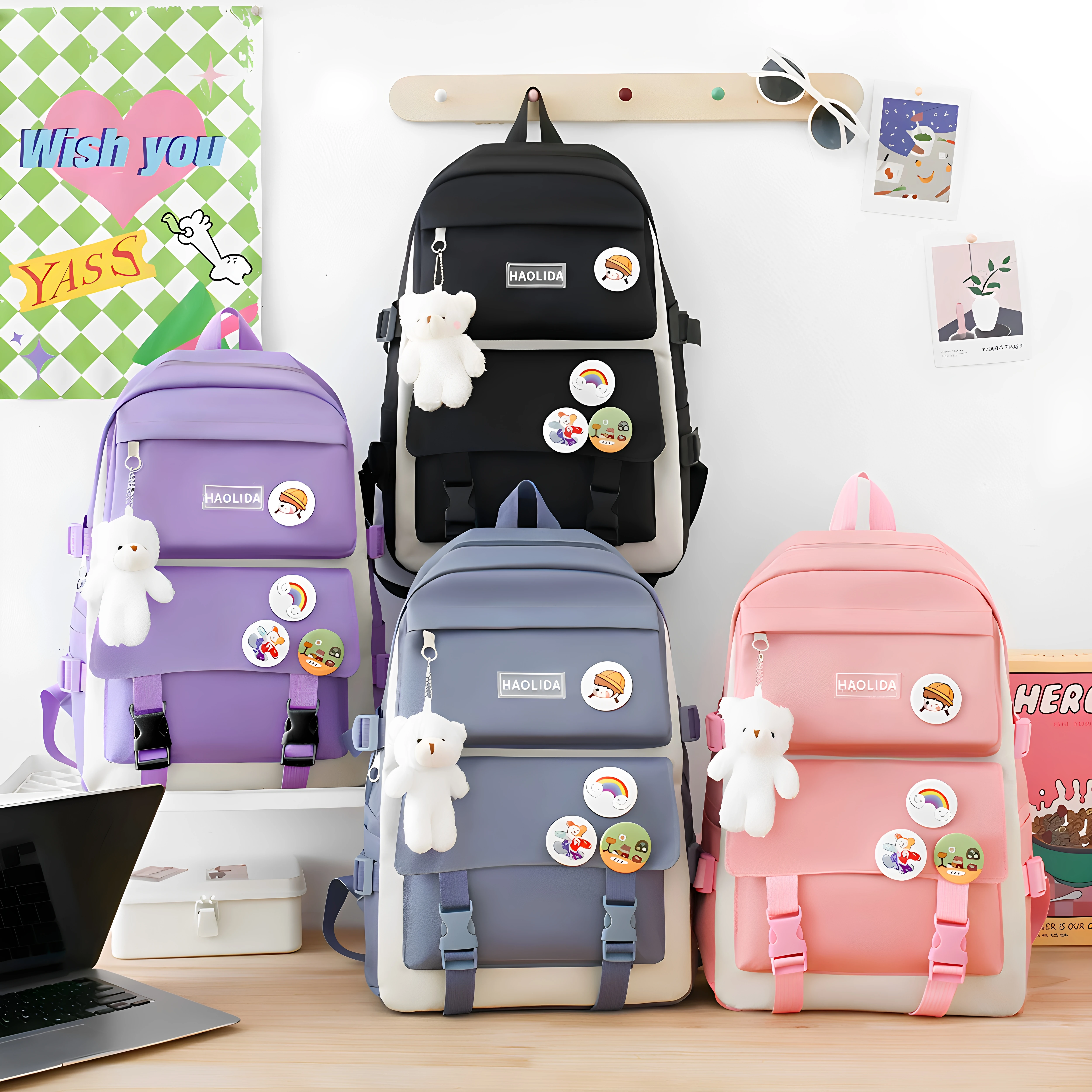 Student Backpack  Campus Style Casual Double Shoulder Travel Computer Bag Lightweight Four Piece Set Korean Version