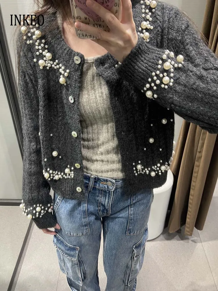 

Rhinestone beading cardigan Stretch Women 2024 Spring autumn Long sleeve O-neck knitted sweater Slim Knitwear Gray INKEO 3O360