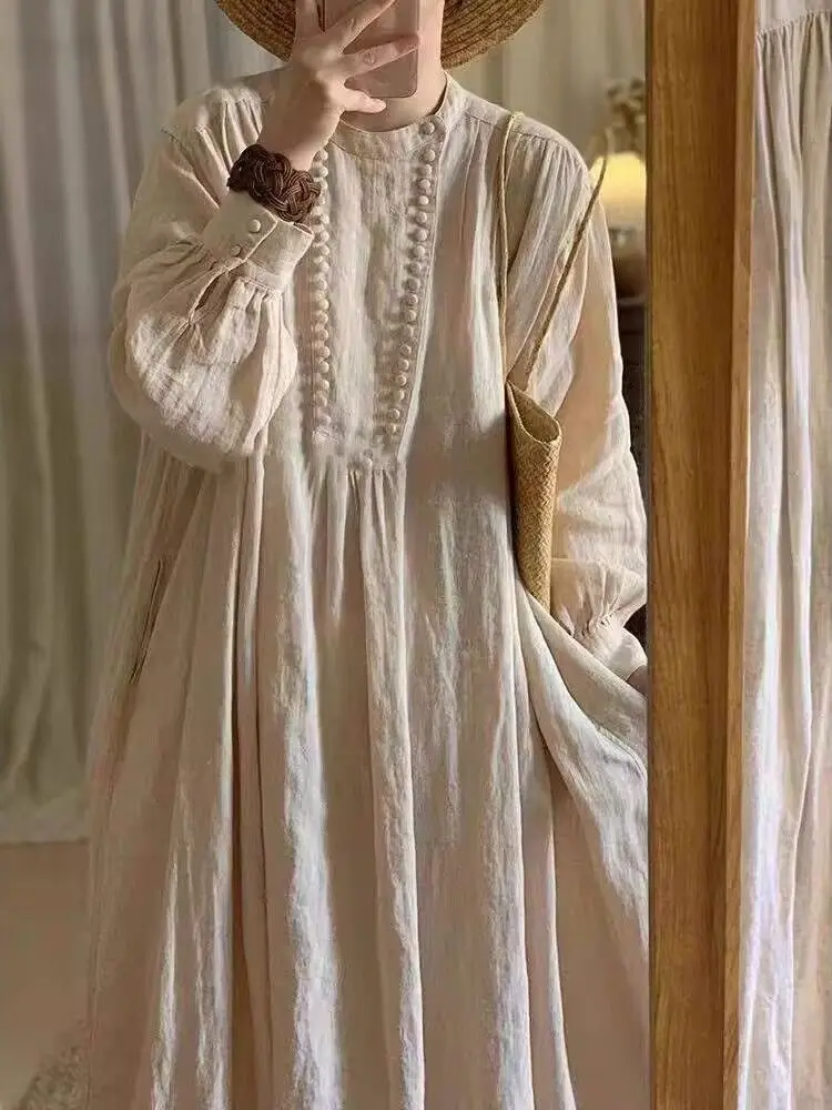 Slimming Large Size Casual Loose Fashionable Dress Versatile City Walk Long Skirt Retro Style A-Line Silhouette Long Sleeve