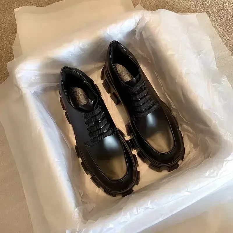 British Style Small Leather Shoes 2024 Spring and Autumn Loafer Shoes Heightened Thick Bottom Platform Lace-up Shoes