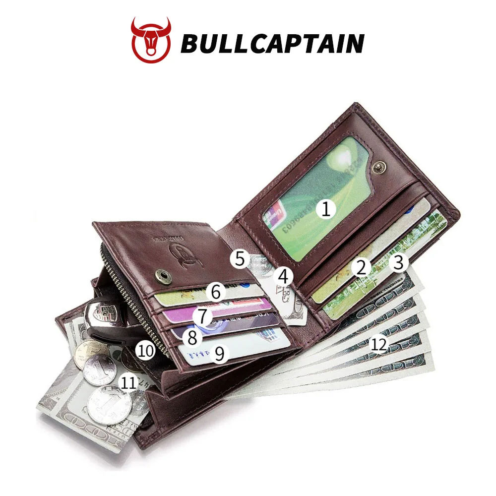 Bullcaptain Vintage Men's Wallet RFID Blocking Genuine Leather Credit Card Holder Purse Money Bag for Men