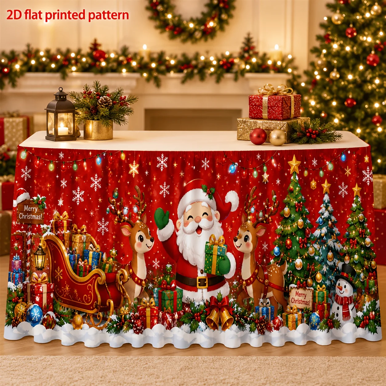 1 item, table skirt made of polyester, Santa Claus reindeer sleigh gift box, snowman, Christmas tree, bells