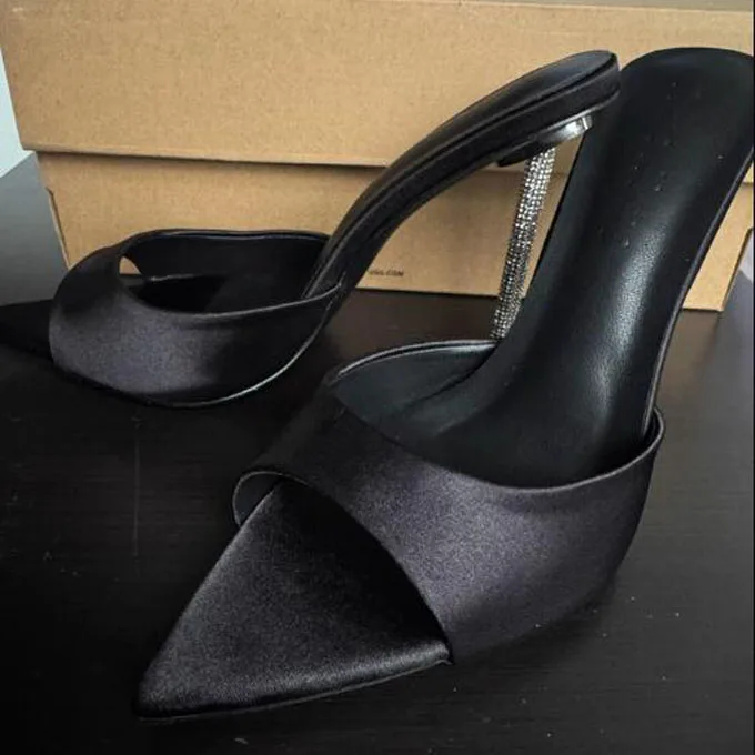 Burgundy Silk Crystal Heels Pointed Open Toe Slipper Sandals Stiletto High Heel Woman Slingbacks Glitter Banquet Dress Shoes