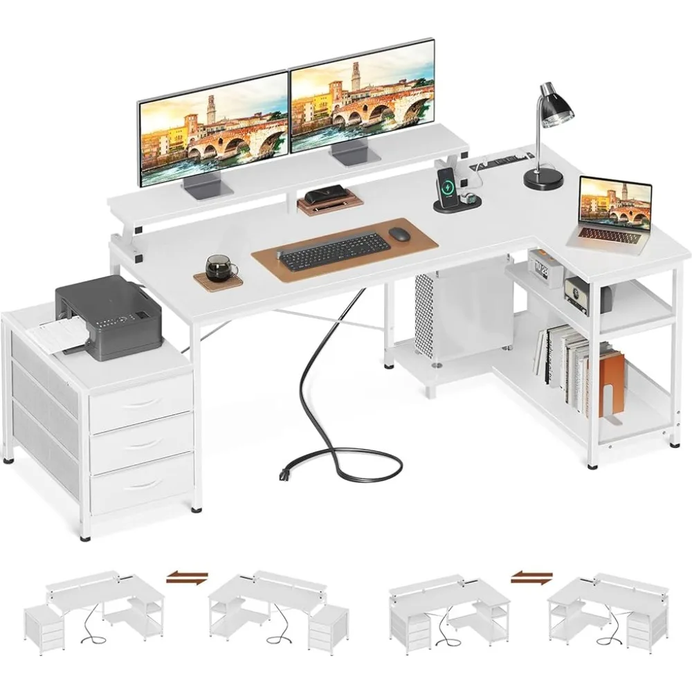 

Computer Desk, L Shaped Computers Desks with Power Outlets & 3 Cloth Drawers, Corner Desk with USB Ports, Computer Desk