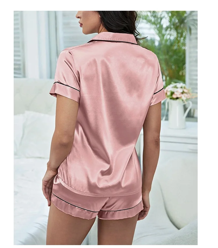 Luxuriöser Satin-Pyjama für Damen, Umlegekragen, Knopfleiste und Shorts, Nachtwäsche und Loungewear für den Sommer, Heimkleidungsanzug – Detail 18