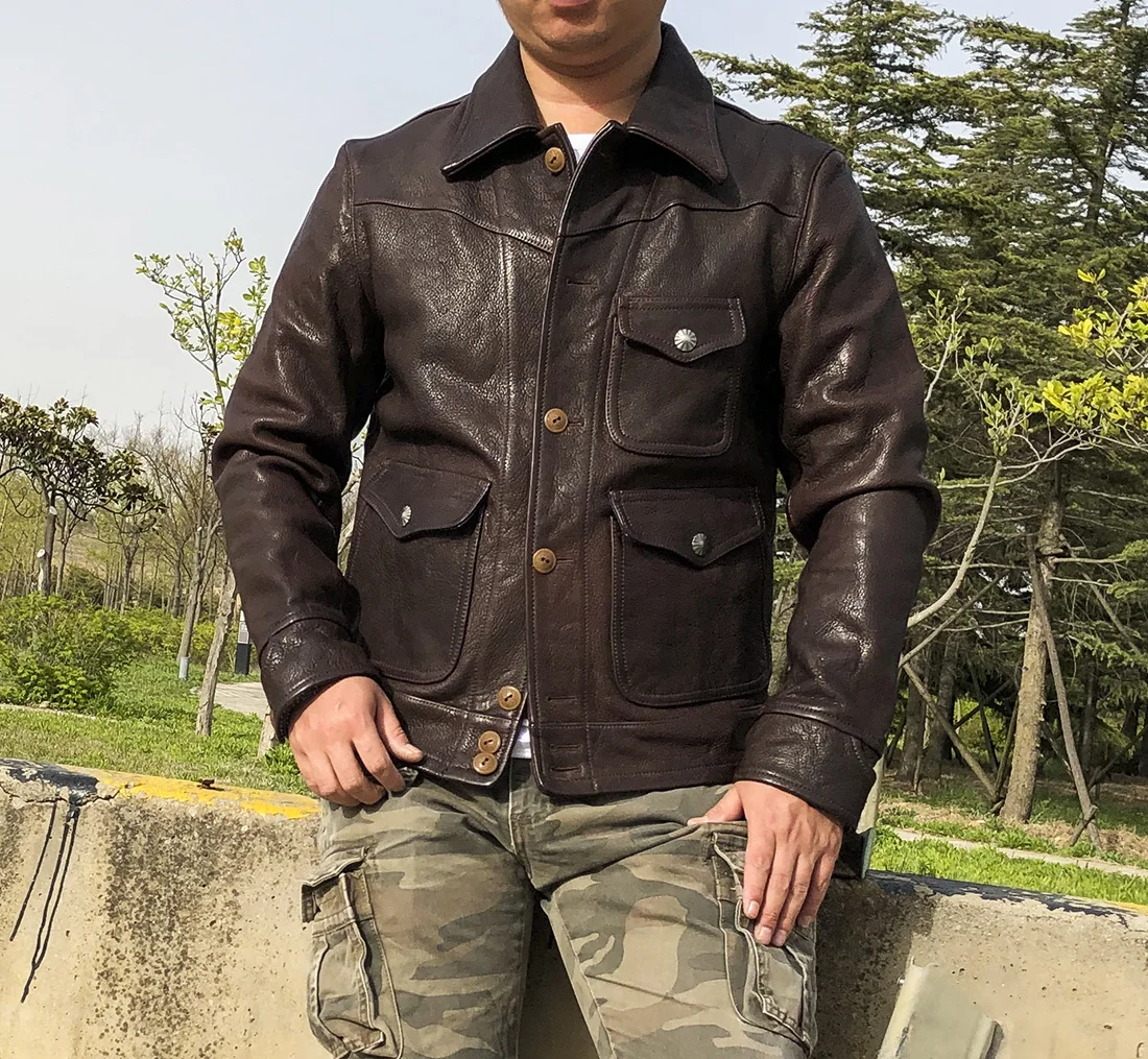 vintage Free shipping.Luxury Origin brown Genuine leather jacket.men classic casual natural goatskin coat.quality leather cloth