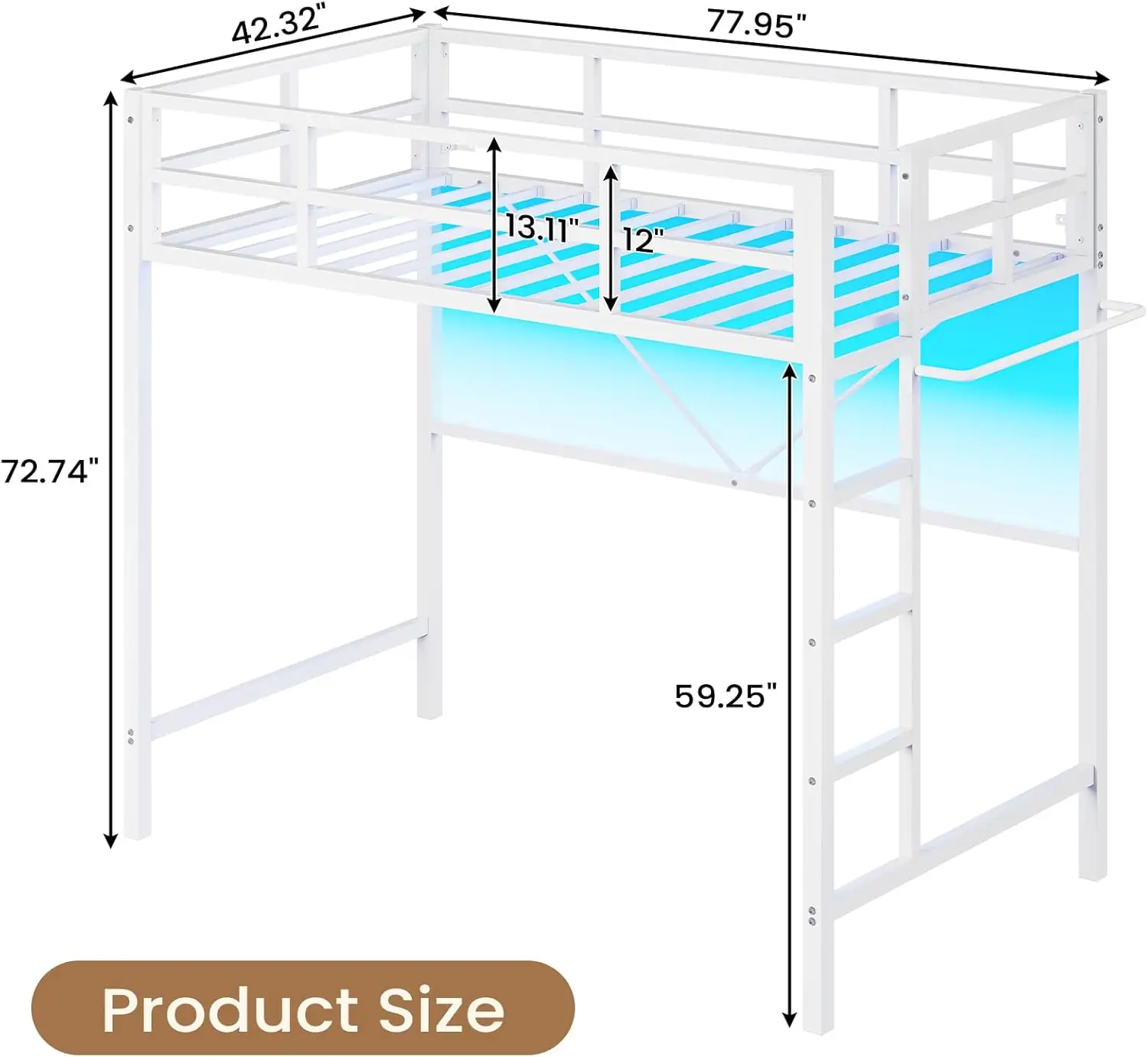 Metal Loft Bed Twin Size LED Lights Full-Length Guardrail Clothes Rack Space-Saving No Box Spring Needed White Loft Bed for Twin