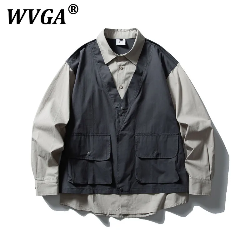 

WVGA Shirts Spring Autumn New Man Fake Two-Piece Patchwork Multi-Pocket Trendy Cotton Niche Chic Casual Long Sleeves Tops W11262