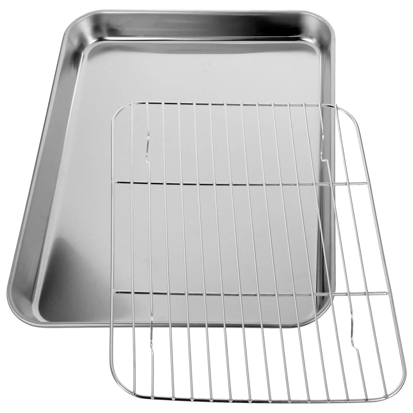 2Pieces Stainless Steel Baking Sheet Set Rectangular Mirror Finish Heavy Duty Non Coated Baking Pan Cooling Rack Dishwasher Safe