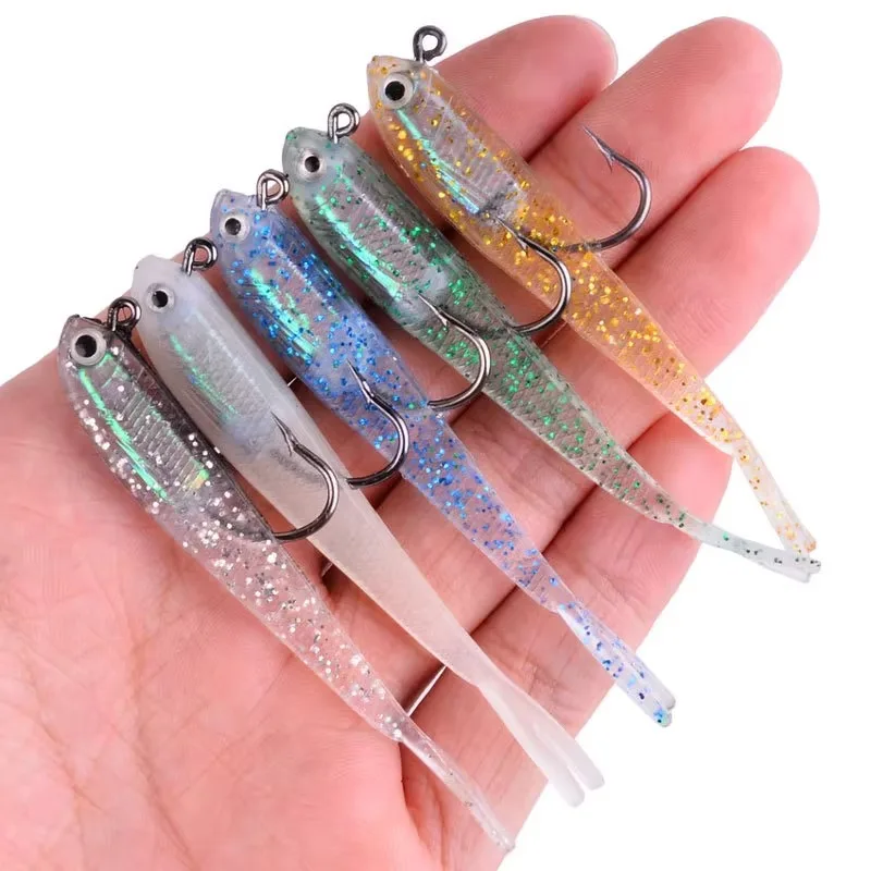 Iridescent Foil Inlay Soft Minnow Lures Pre-Tied Single Hook, Clear Glitter Split Tail Artificial Small Fish Baits Bulk for Stream & Reservoir Predatory Fish