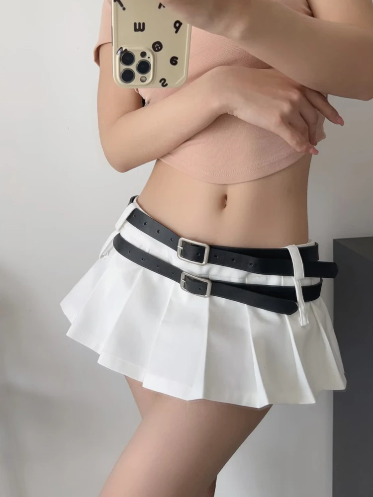 PUWD Casual Women Grey With Double Belt Pleated Mini Shorts Skirts 2023 Summer Vintage Low Waist Solid Color Female Chic Bottoms