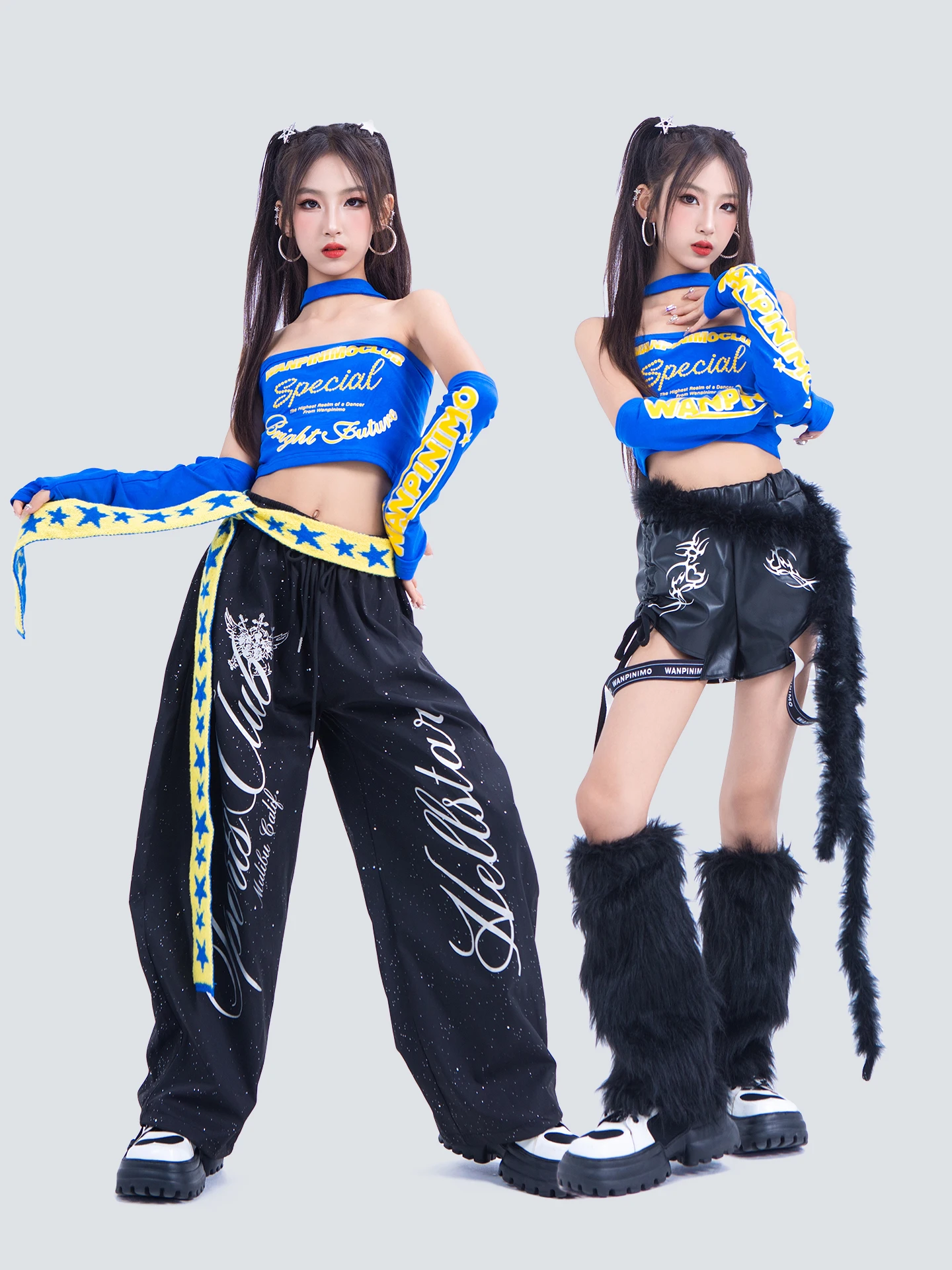 2025 Kinderen Hip Hop Danskostuums Voor Meisjes Blauw Crop Tops Zwarte Broek Pak Moderne Jazz Dansvoorstelling Kleding DQS 20889