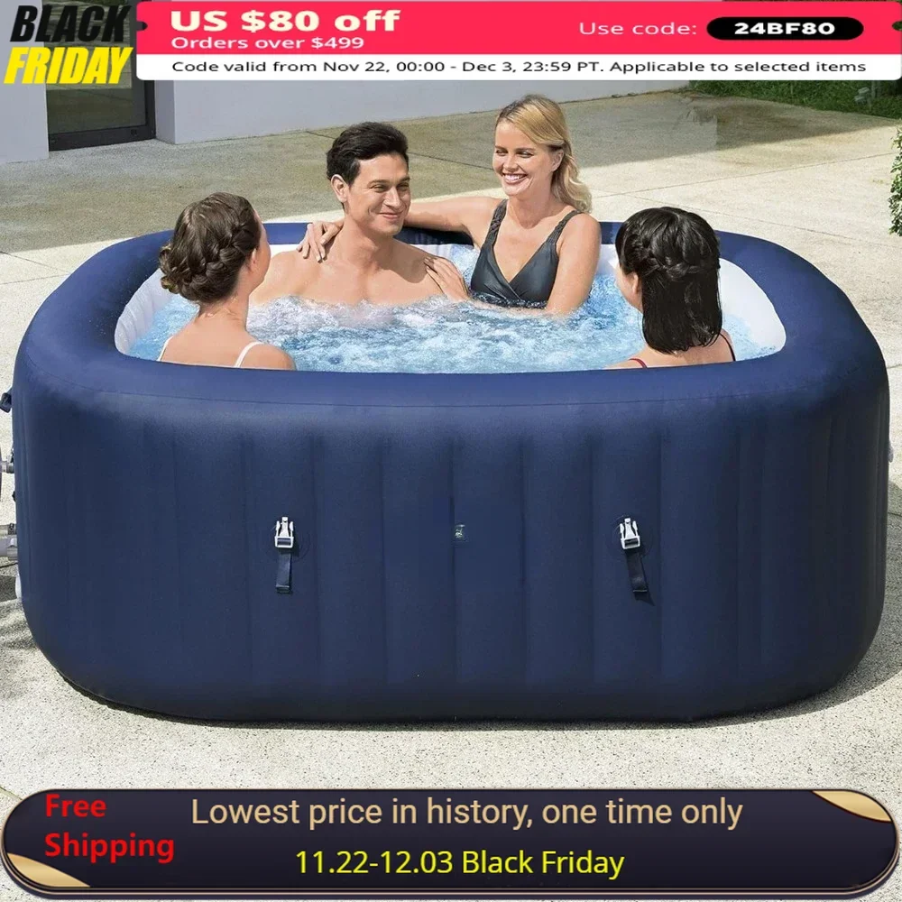 4 To 6 Person Inflatable Hot Tub Square Portable Outdoor Spa With 140 AirJets And Energy Saving Cover，inflatable Pool