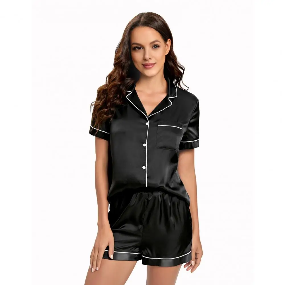 طقم بيجامة نسائي طقم شورت قميص ساتان نسائي مع طية صدر السترة وخصر مطاطي بلون سادة ملابس منزلية للاستلقاء للصيف #2