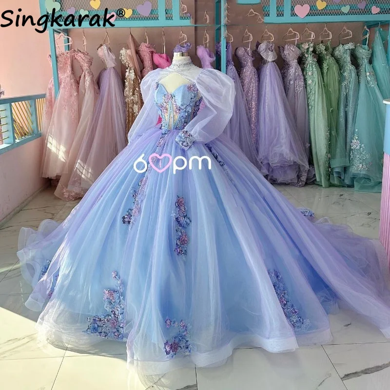 Robes de Quinceanera bleu ciel exquises, robe de Rhà manches longues, appliques florales, perles de cristal, robes Sweet 16, 15e fête