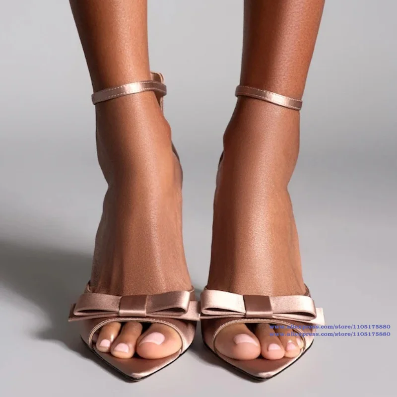 

Nude Satin Bow Ankle Strap Heeled Sandals Open Toe Stiletto Bridal Heels High Heels Dress Party Shoes Sandalias De Mujer Verano
