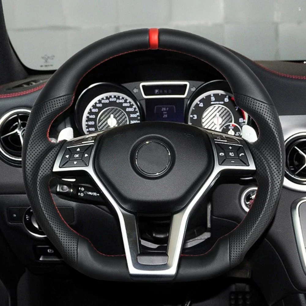 

Кожаный руль с красной строчкой, квадратными отверстиями для подрулевых лепестков, без подогрева, для Mercedes-Benz AMG CLA45 A45 CLS SLK SLS E63 2012-2014