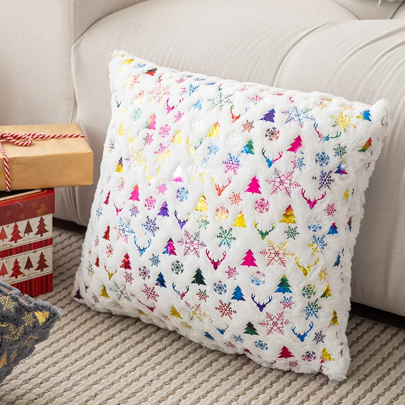 2 Pieces Christmas Plush Gold Stamping Cushion Cover Modern Holiday Colorful  Pillow Cover for Sofa Living Room Home Decor