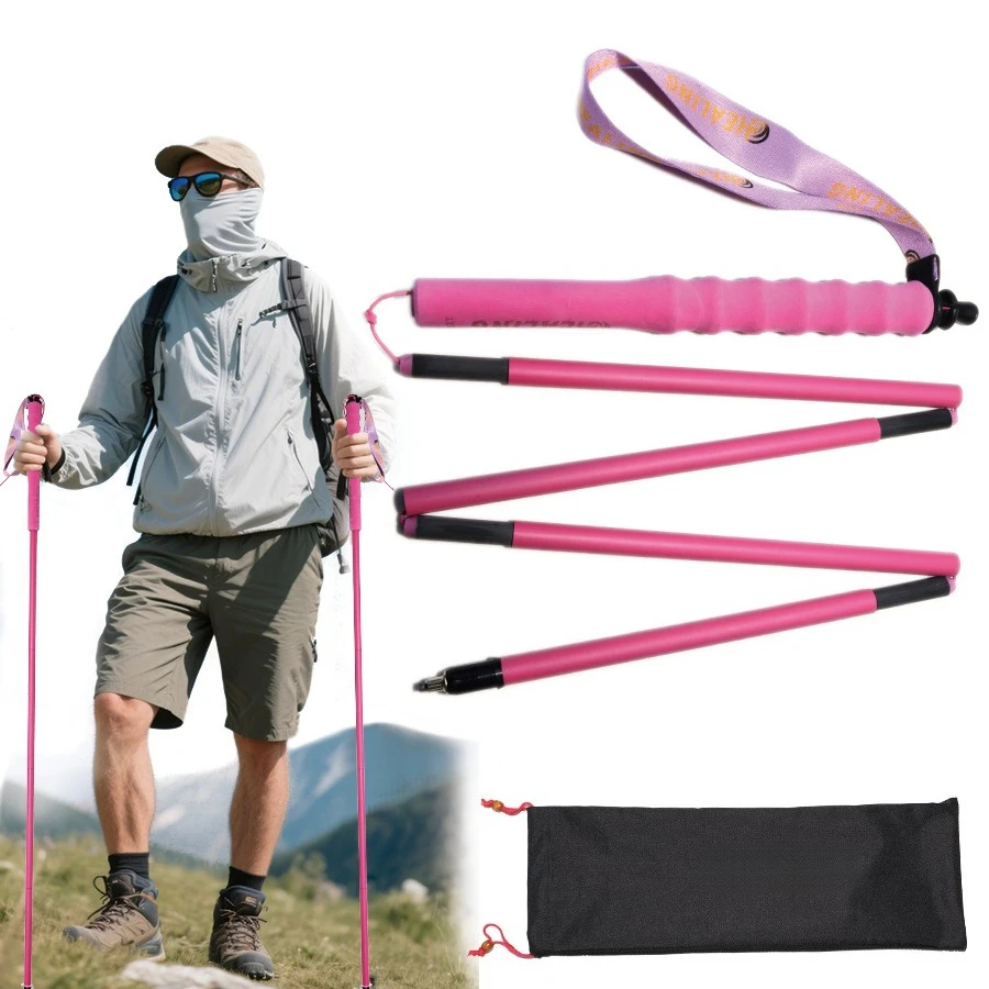 

Lightweight High Strength Carbon Fiber Hiking Pole Women's Pink Folding Outdoor Off-Road Pole Portable