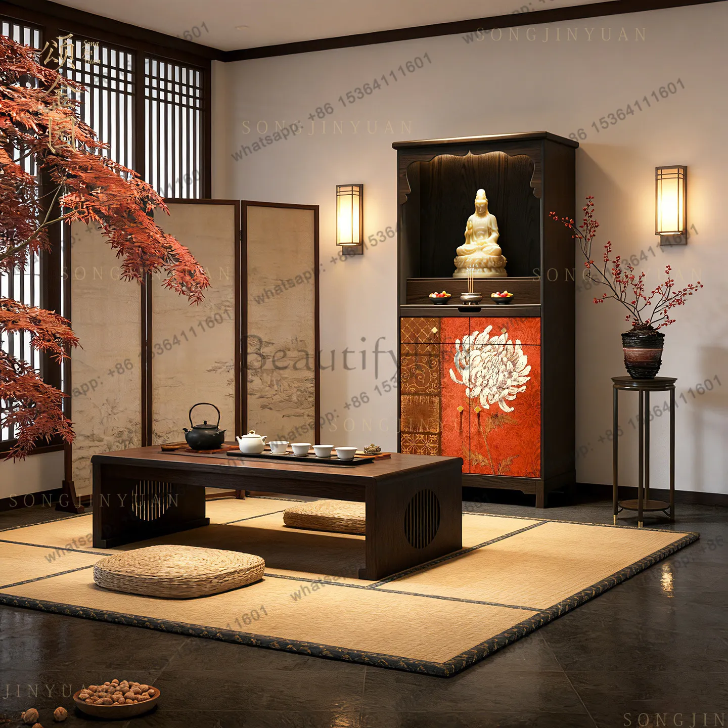 LX solid wood Buddha niche standing cabinet with door Guanyin God of Wealth worship storage cabinet