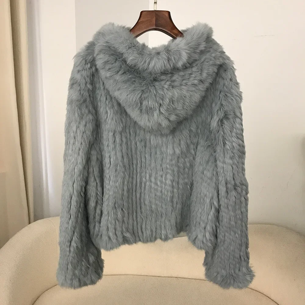 2024 Autumn and Winter New Encrypted Thickened Handmade Double-sided Woven Hooded Korean Style Short Rabbit Fur Coat for Women