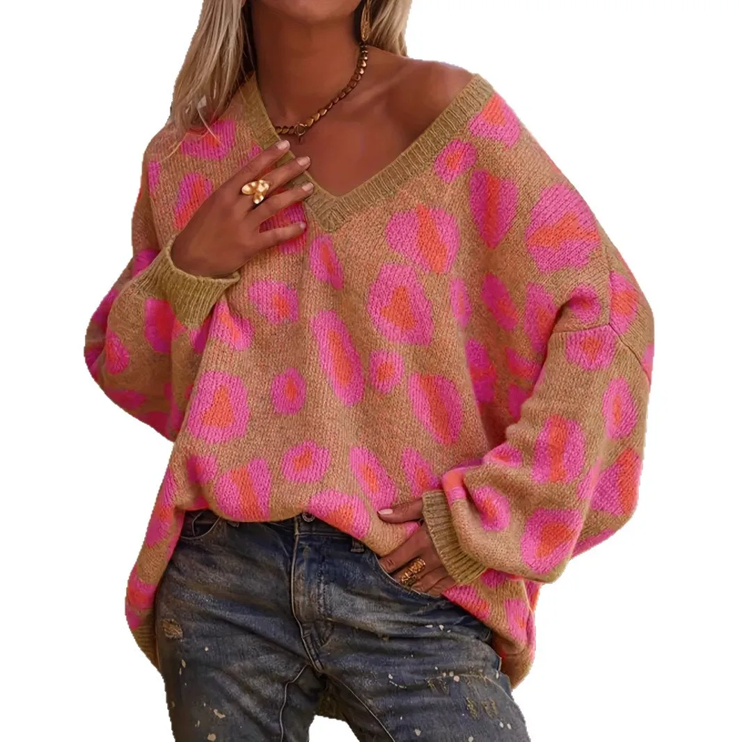 

2025 новый модный вязаный свитер с v-образным вырезом и принтом, женский зимний повседневный свободный контрастный домашний топ с рукавами-фонариками для женщин