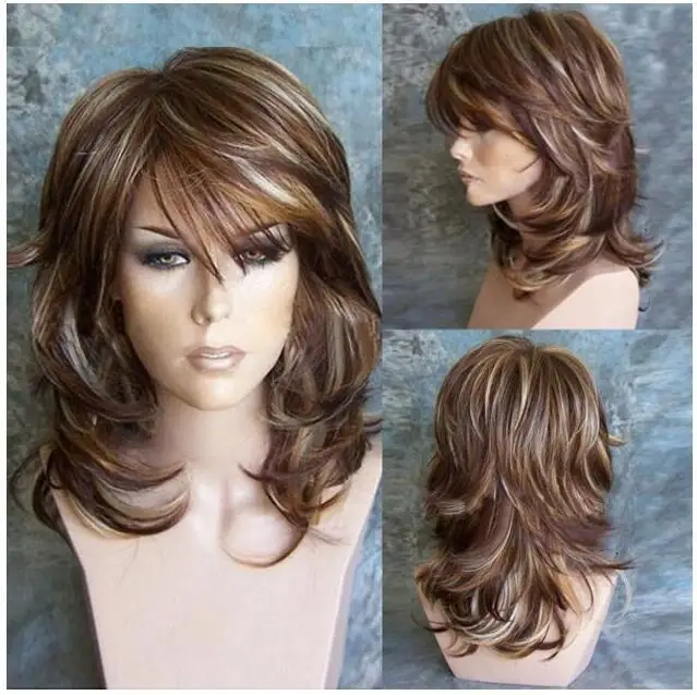 

Long curly hair slanted bangs mixed color brown curly hair rose mesh high temperature silk full headgear