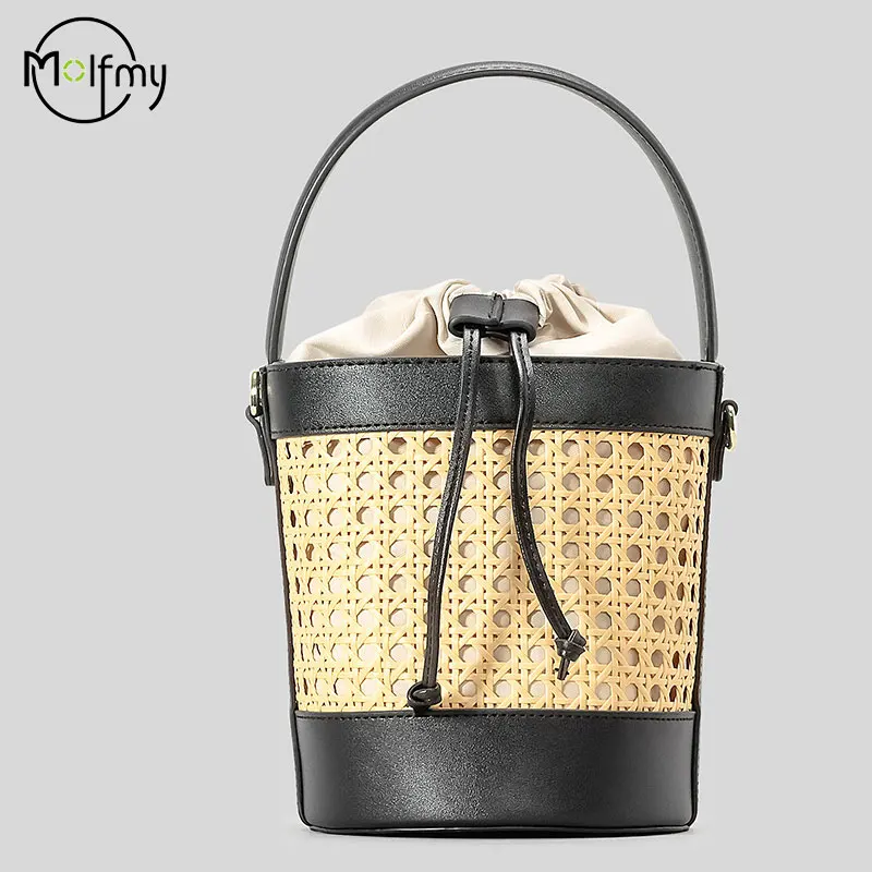 Hollow Bucket Bag Summer Beach Bag Imation Wicker Drawstring Woven Handbags Luxury Pu Leather Shoulder Crossbody Bags Vacation