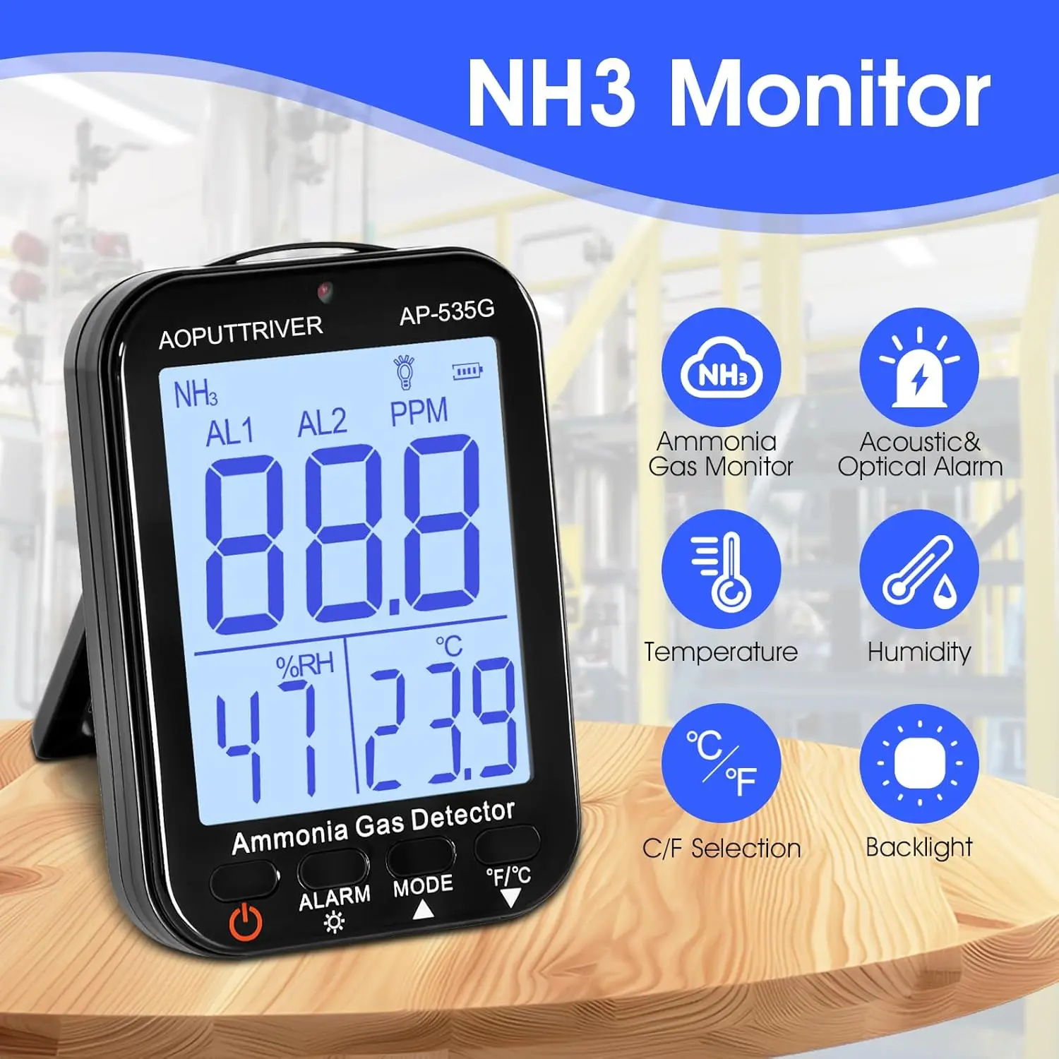 Formaldehyde & Ammonia Gas Detector 0-100ppm NH3 Monitor with Alarm, Temp & Humidity Display, Rechargeable & Backlit