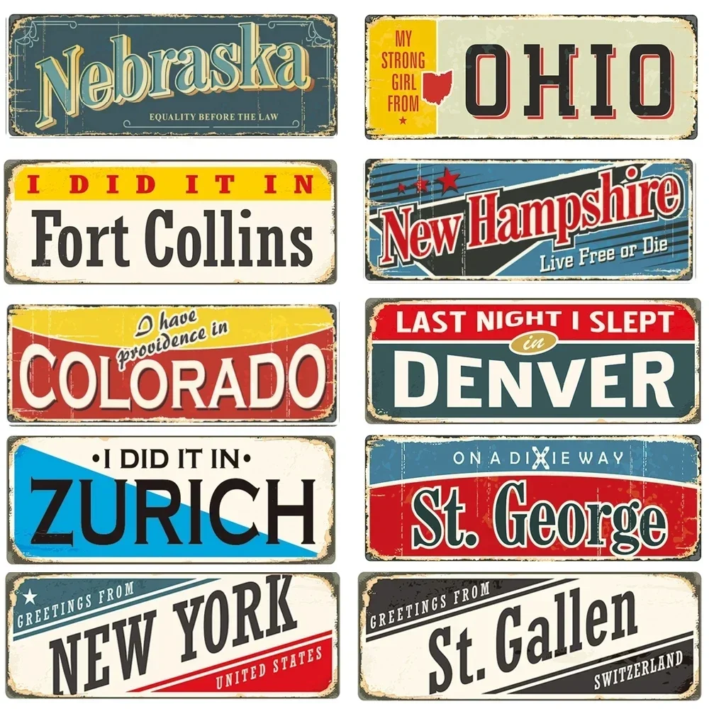 ريترو اسم المدينة معدن القصدير تسجيل لوحة ريترو مانشستر نيويورك زيورخ تكساس دنفر أوهايو ترخيص لوحة معدنية ديكور شريط المنزل