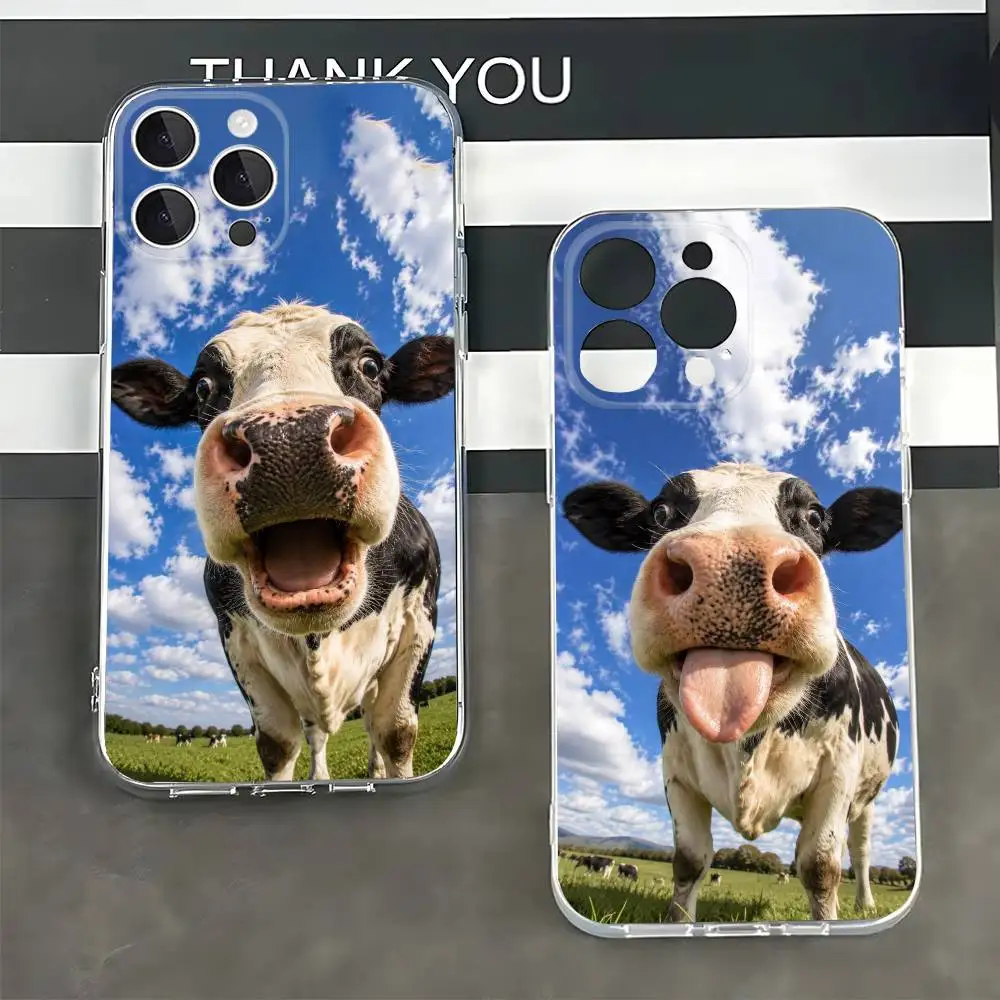Fun Cow Transparent Protective Cover for iPhone 7,8,11,12,13,14,15,16,17,Pro Max,Plus,X,XR,XS Max,SE,12 mini