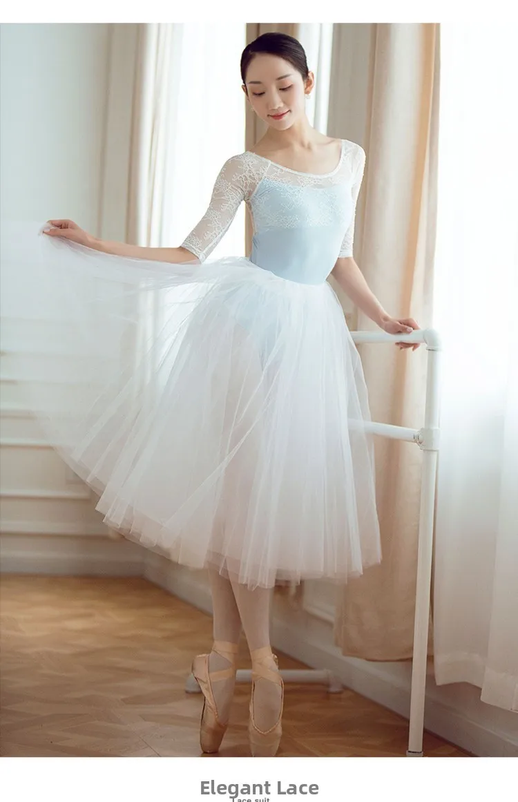 バレエダンス体操服レーススプライスボディスーツミッドスリーブエアヨガワンピーススーツダンス練習ユニフォーム女性用レオタード