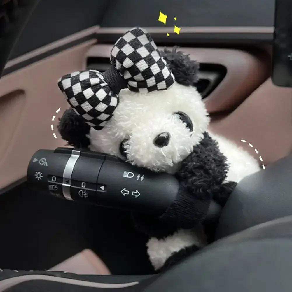 Plush Panda Clutch Decoration Car Wiper Turn Signal Switch Ornaments Cute Bowknot Panda Car Wiper Doll Auto Interior Accessories