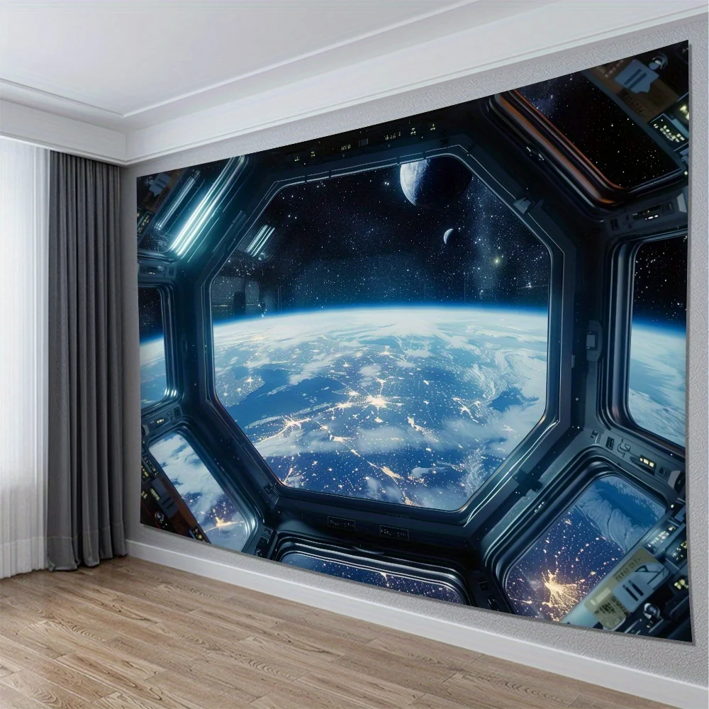 Premium Large Sci Fi Space Tapestry Earth View Galaxy Cosmic Wallpaper Futuristic Astronaut Window Decoration Wall Art Hanging
