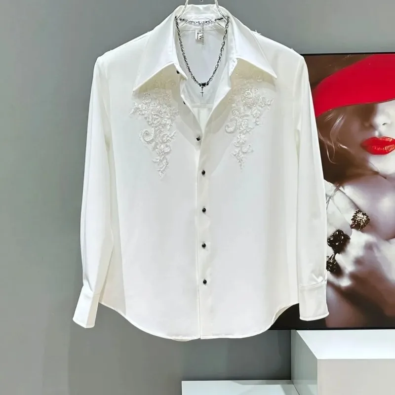 Fashion Niche New Embroidered Sequined Long-sleeved Shirt Men's Loose Shoulder Pad Casual White Shirt