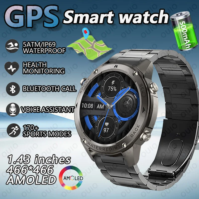 

2025 Новые Смарт-часы с GPS-супутниковым позиционированием для мужчин, 5 АТМ, водонепроницаемые, 500 мАч, 1,43 дюйма, AMOLED, пульсометр, 170 + спортивные умные часы