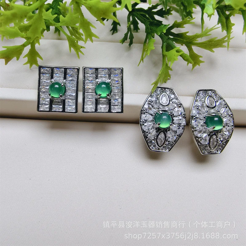 Diamond-studded earrings, chalcedony earrings, green agate and jade-colored small accessories, simple and stylish 2