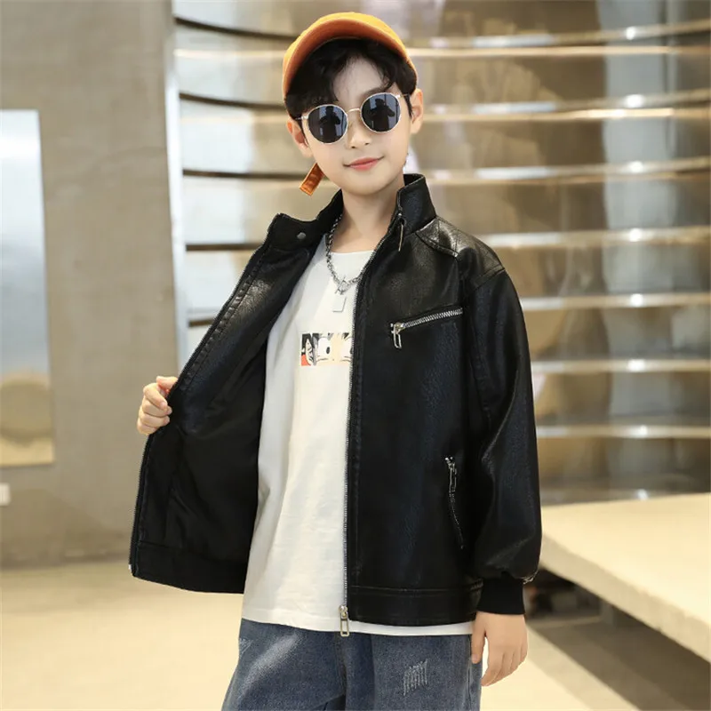 Boys Fashion Leather Jacket Handsome Coat For Spring & Autumn 2022 New Solid Stand Collar High Quality Baby Kids Clothes