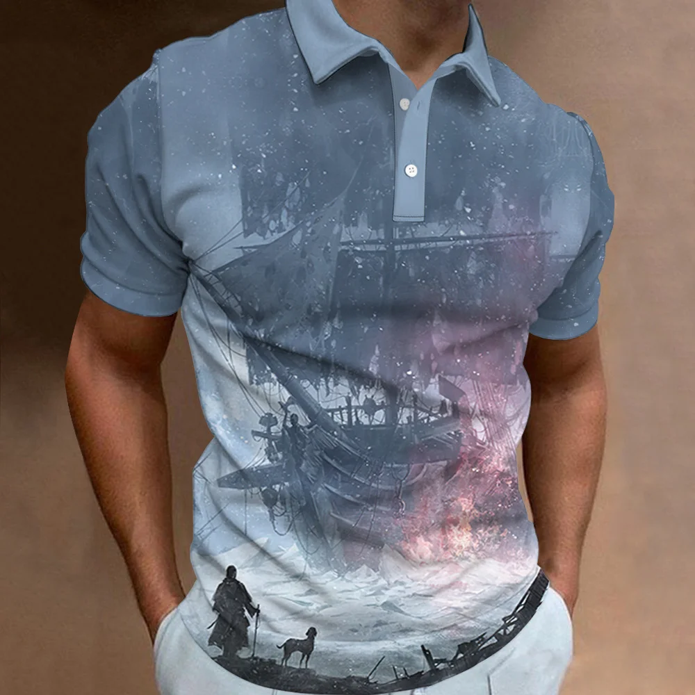 Camiseta polo vintage masculina, roupa de manga curta, estampa de vela, streetwear casual, tops grandes, moda verão