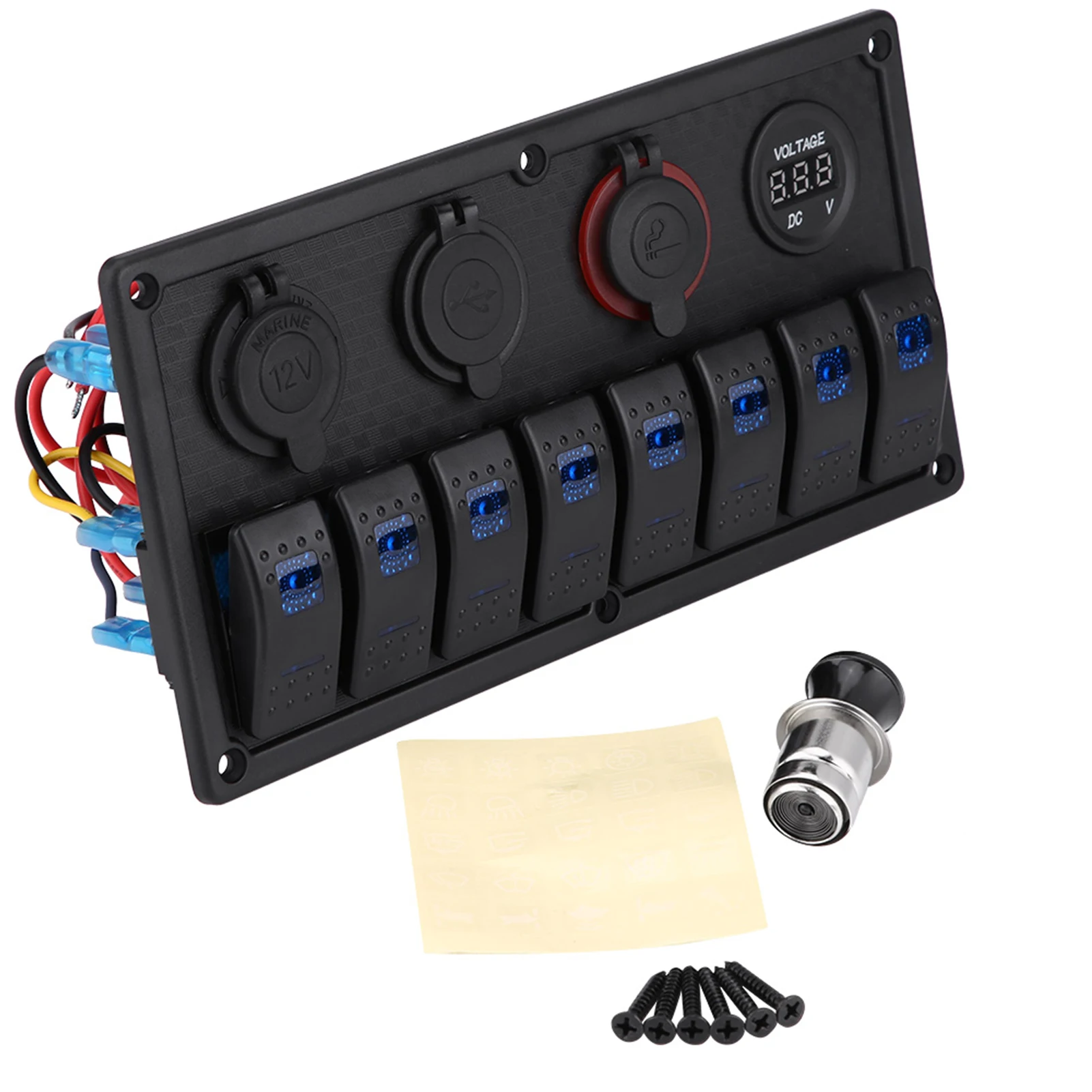 12V 24V 8 Gang Car LED Rocker Combination Switch Control Panel With Dual USB Voltmeter Cigarette Lighter For Boat Yacht Caravan