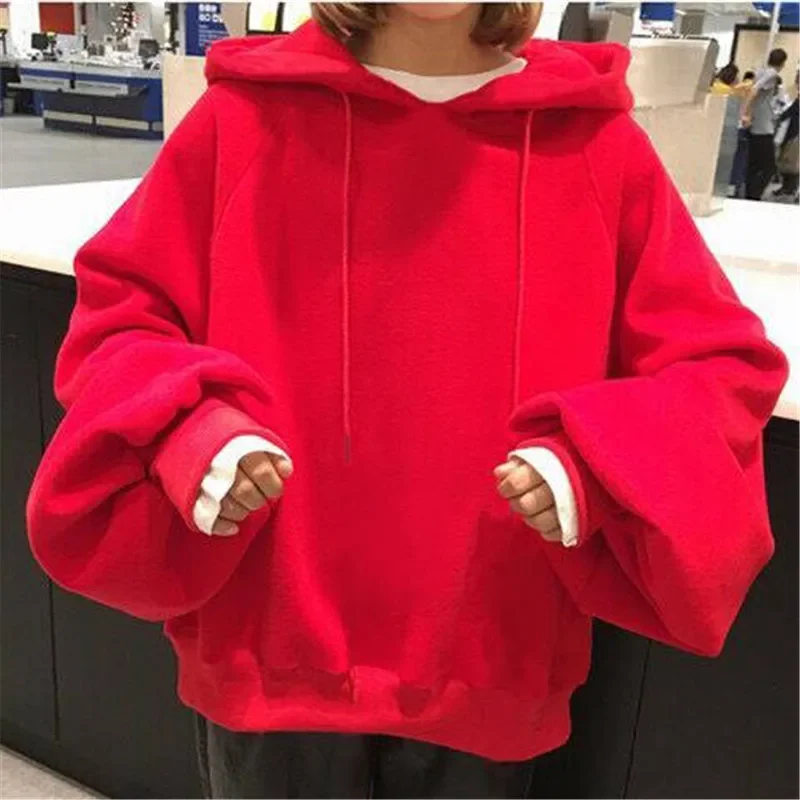 Female Fashion Sweatshirts Casual Loose Long Sleeve Oversize Thicken Hoodies 3 Color Autumn Winter Women Hoodie Solid Pullover