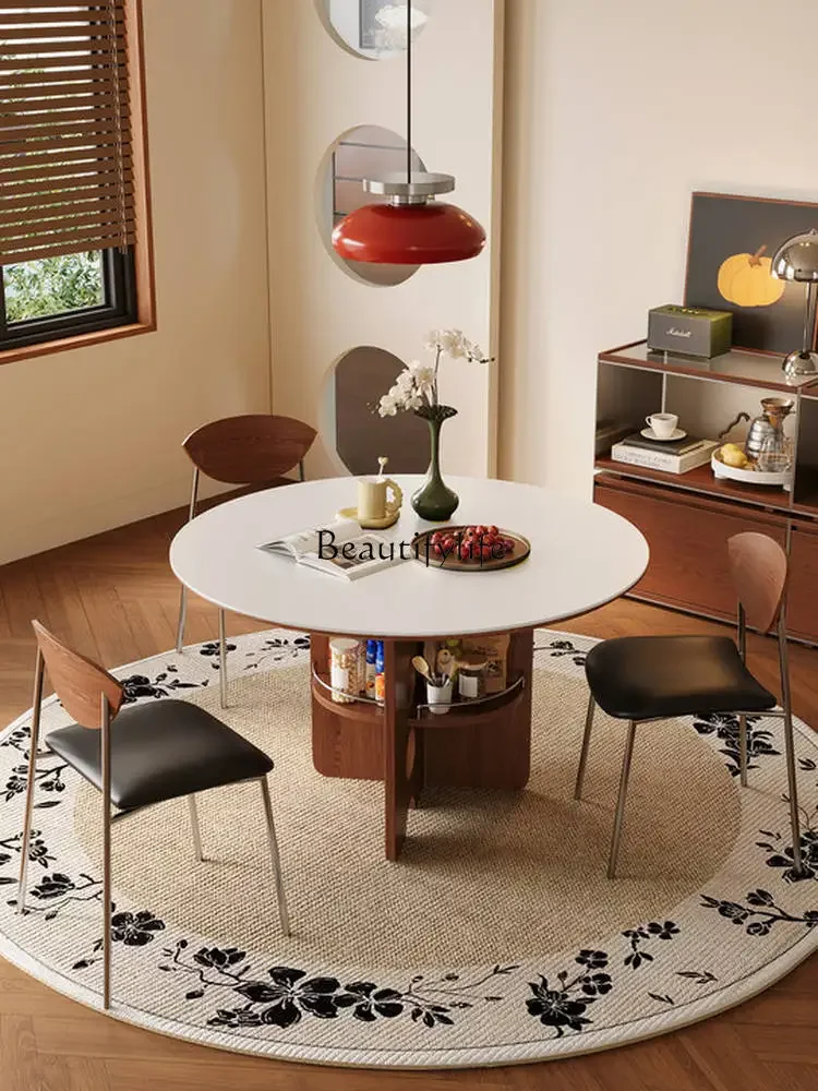 

yj19 Vintage High-End Round Negotiation Table Light Luxury Solid Wood Rock Board Dining Table